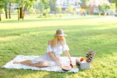 Genç güzel gitrl, ekose üzerinde parkta oturuyor. Meyvelerin yanında, çimenler arka planda..