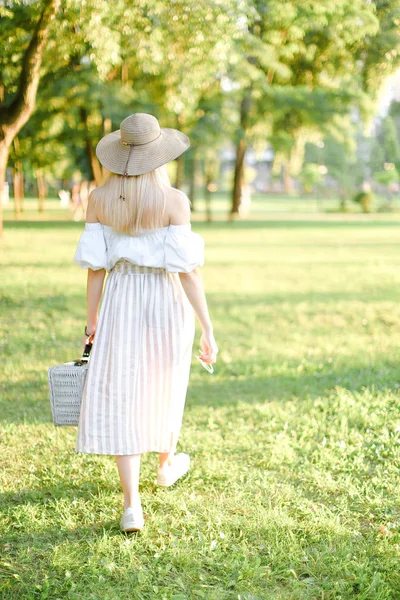 Vista trasera de la mujer joven en sombrero caminando en el parque y guardando el bolso . — Foto de Stock