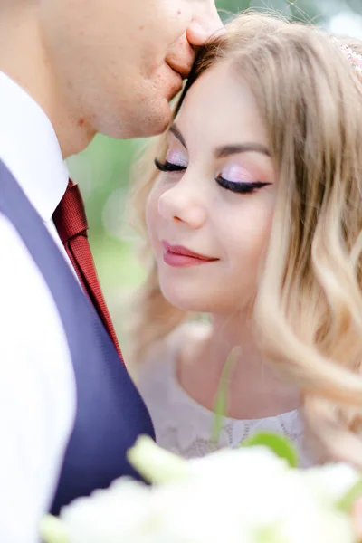 Portrait of groom kissing bride. — Stock Photo, Image