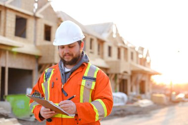 Kafkasyalı mimar inşaat alanında deftere yazı yazıyor..