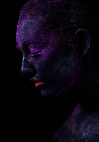 Woman with violet skin and closed eyes