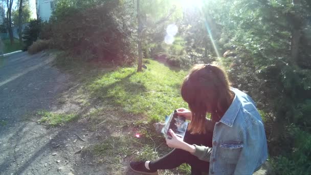 Dívka, sledování fotografií, zatímco sedí v parku — Stock video