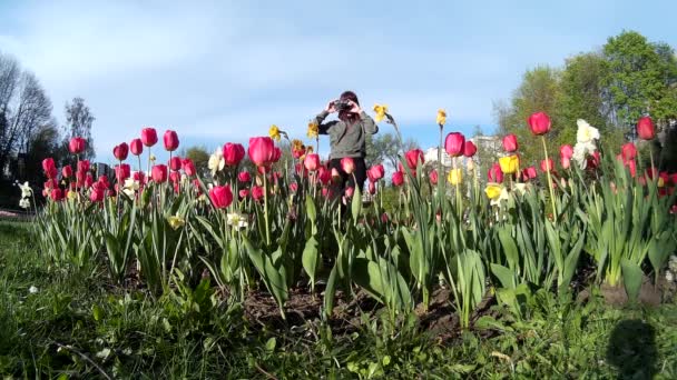 Brunett tjej att göra fotografier med vintage kamera 5 — Stockvideo