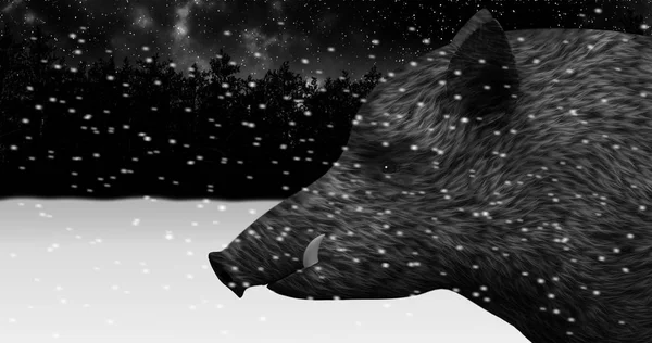 Wild boar in a night snowy winter forest animation
