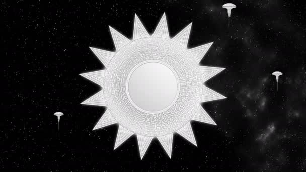 Techno sci-fi sun space station rotates on stars background 3d animation — Stock Video