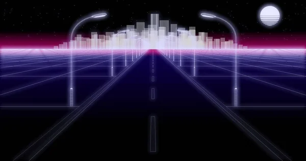 Noc miasto droga 80 Retro tło 3d render — Zdjęcie stockowe