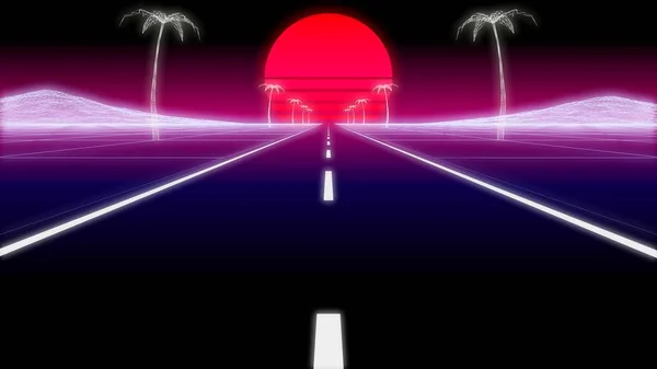 Synthwave 종 려도로 80 복고풍 배경 3d 렌더링 — 스톡 사진