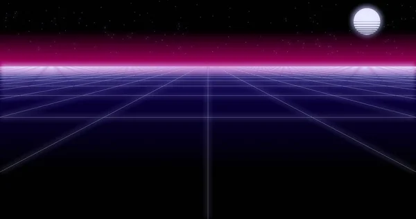Synthwave 그물과 달 레트로 배경 3d 렌더링 — 스톡 사진