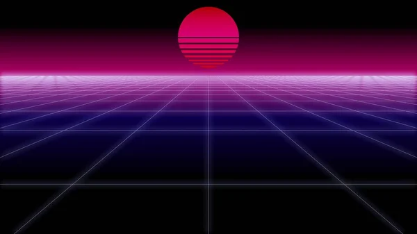 Synthwave net ve Retro arka plan güneş 3d render — Stok fotoğraf