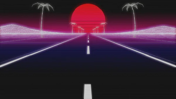 Synthwave 종 려도로 80 복고풍 배경 3d 렌더링 — 스톡 사진