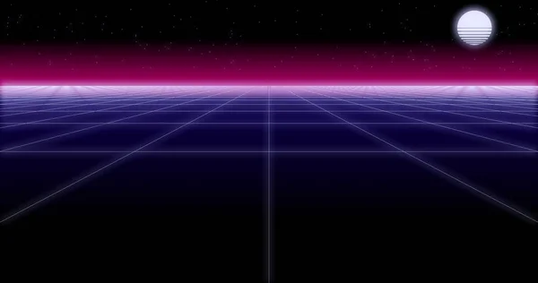 Synthwave net and moon Retro Background 3d render — Stock Photo, Image