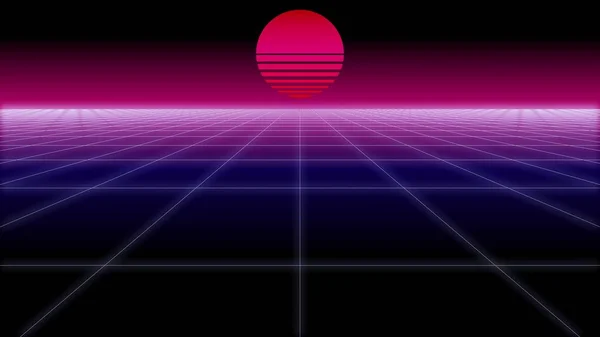 Synthwave net and sun Retro Background 3d render — Stock Photo, Image