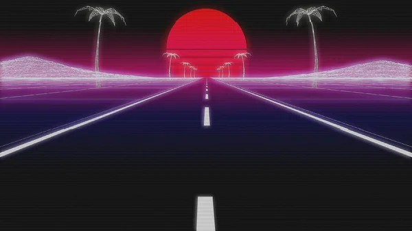 Synthwave palms road 80 Retro Background 3d render — Stock Photo, Image