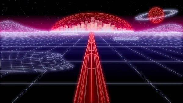 Espaço cidade túnel synthwave fundo 3d render — Fotografia de Stock