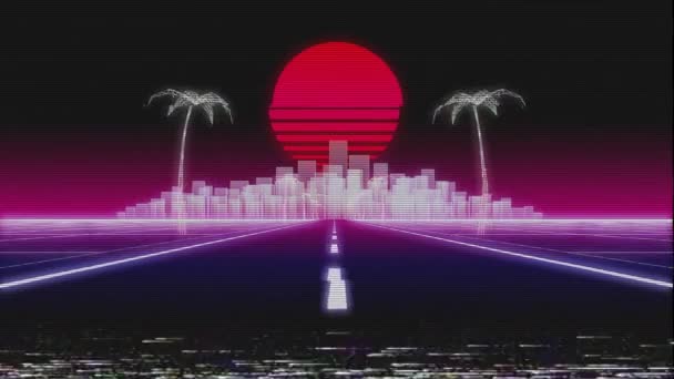 Synthwave πόλη δρόμο 80s ρετρό glitch 3d καθιστούν — Αρχείο Βίντεο