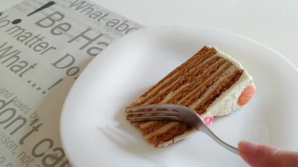 Jedzenie domowej roboty miód ciasto kawałek z folk — Wideo stockowe