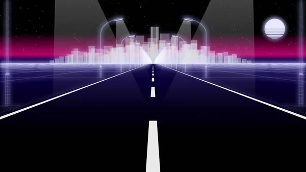 Night city road 80 Retro Background Loop 3d render — Stock Photo, Image