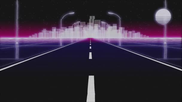야간 도시 도로 복고풍 배경 결함 3D 렌더링 — 비디오