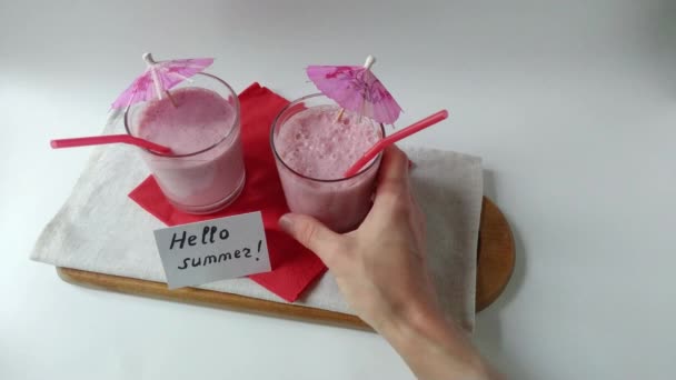 Two Glasses Pink Fruit Smoothies Milkshake Smoothie Cocktail Taking Away — Stock Video