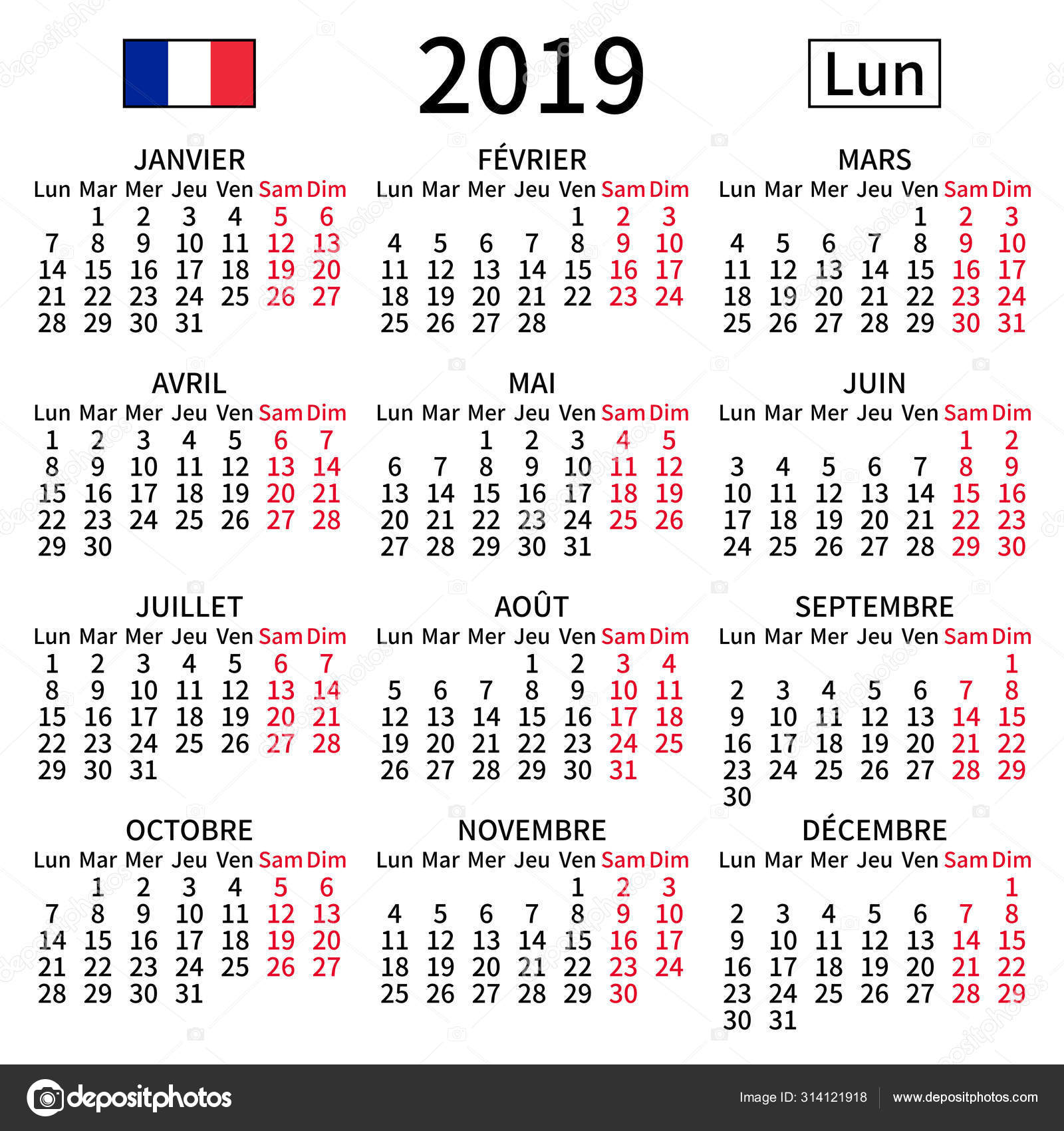 French Calendar 19 Monday Vector Image By C Satenikguzhanina Vector Stock