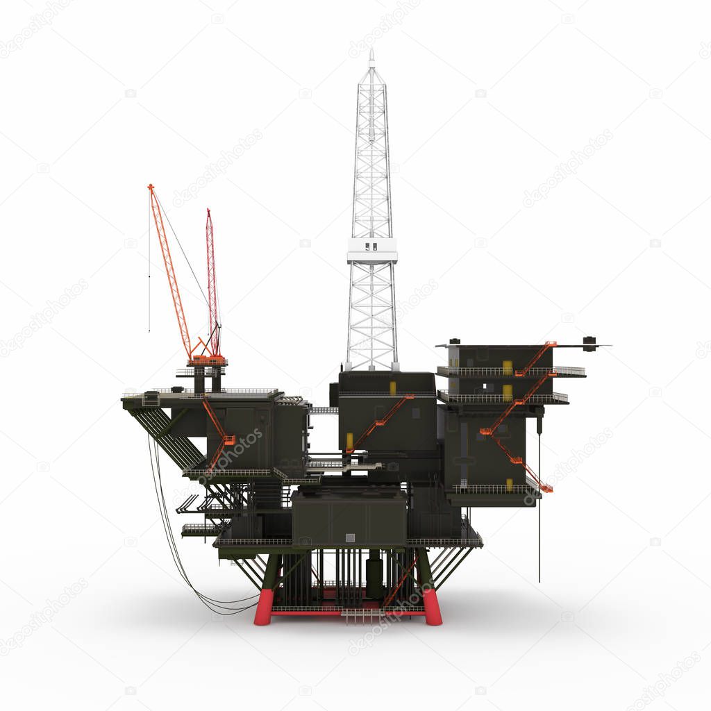 Offshore Jack Up Rig. Illustration on white background, 3d rendering, isolated.