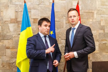 Nyzhne Solotvyno, Ukrayna - 22 Haziran 2018: Bakanları, Dışişleri, Ukrayna Pavlo Klimkin (L) ve Macaristan'ın Peter Szijjarto (R) toplantı sırasında konuşmak.