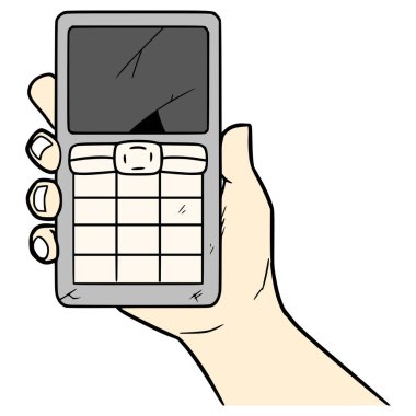 El ele tutuşan kırık cep telefonu çizimi el izole edilmiş vektör