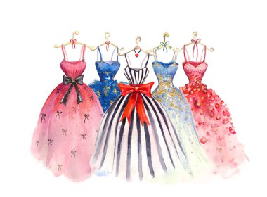  Watercolor fashion illustration. Elegant dresses. fashionable women's dress. clipart