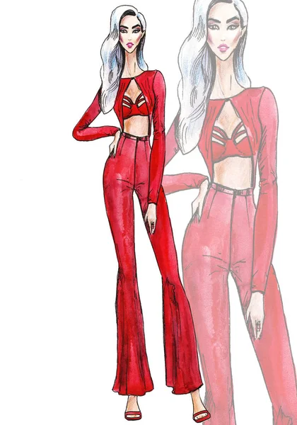 Gatumode. akvarell fashion illustration. konst skiss av vackra unga — Stockfoto