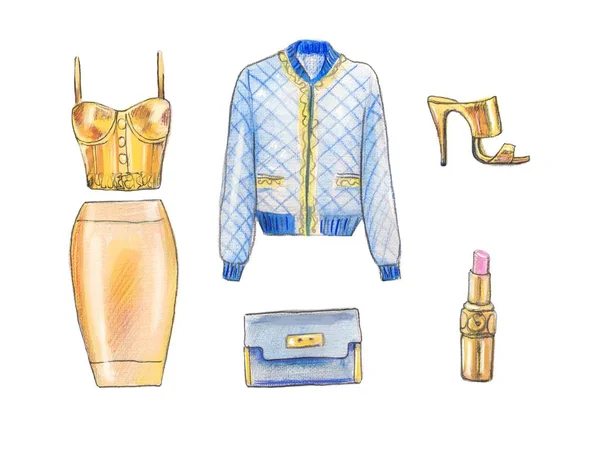 Suluboya moda bakmak. boyalı moda illustration.fashion seti, aksesuar ve malzeme moda kavramı cezasını ver. hipster bak.