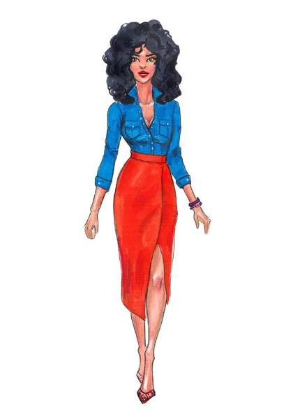 El moda kız resimde çekilmiş. Turuncu etek moda modeli. şık kıyafet. Çizgi film kadın karakteri. 