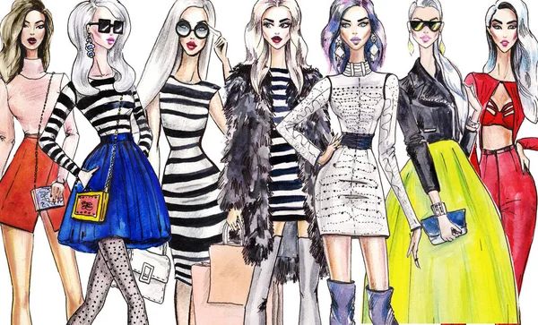 Illustration fashionabla flickor. shopping. mode. konst skiss av vacker ung kvinna i klänning Stockbild