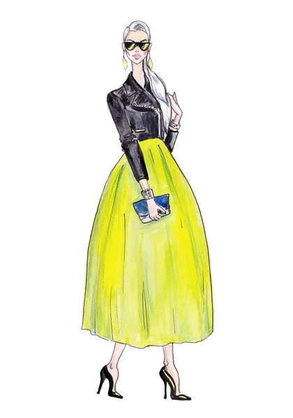 Gatumode. akvarell fashion illustration. konst skiss av vacker ung kvinna i kjol Royaltyfria Stockfoton