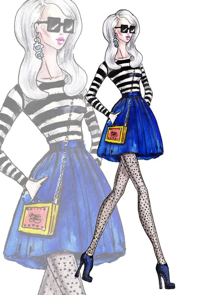 Gatumode. akvarell fashion illustration. konst skiss av vacker ung kvinna i klänning. Stockfoto