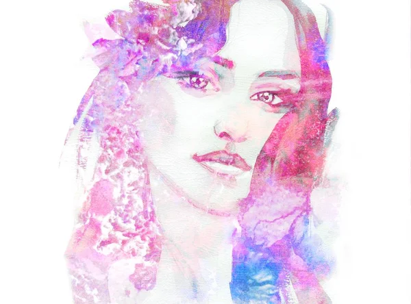 Handmålade fashion illustration. Porträtt av vacker kvinna. Royaltyfria Stockfoton