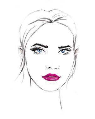 Kadın yüzü. El moda illüstrasyon boyalı. Güzel bir kadın portresi. Moda tasarımı için şık güzel model.