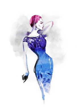 güzel genç sanat kroki. El boyalı moda illüstrasyon.