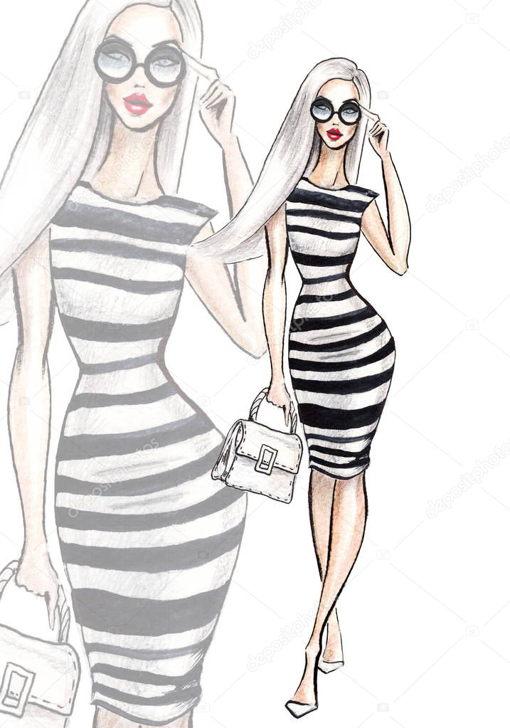 Street fashion. watercolor fashion illustration.  fashionable women shopping.