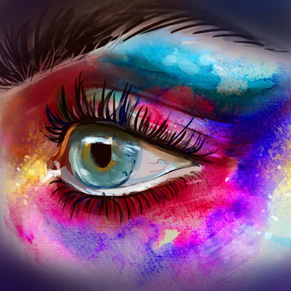 Vacker ögonmakeup-skiss. Vackra ögon med stora fransar. akvarell hand dras illustration av färgstarka kvinnor öga. Stockbild