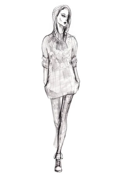 Quick fashion sketch. runway model. — Stock Photo, Image