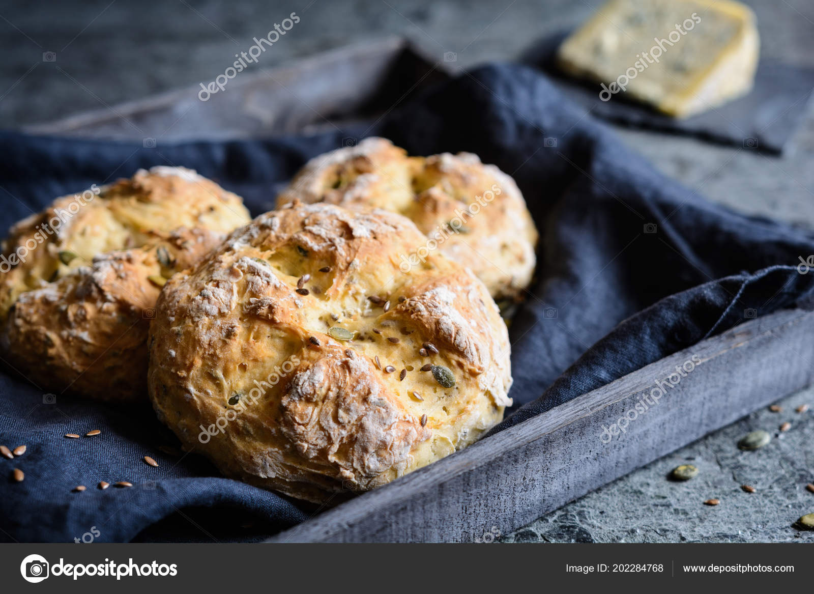 Savory Irish Soda Bread Roquefort Cheese Pumpkin Seeds Flax Seeds Stock
