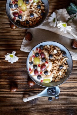 Granola yoğurt, üzüm, yaban mersini, Hindistan cevizi cips ve bir kase içinde kestane püresi ile