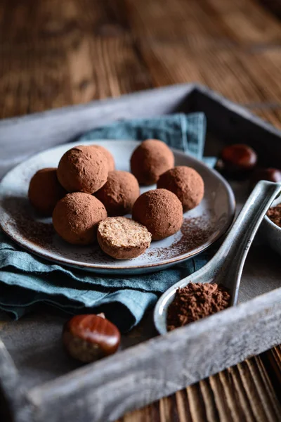 Delicious Chestnut Truffles Coated Cocoa Powder — Stock Photo, Image
