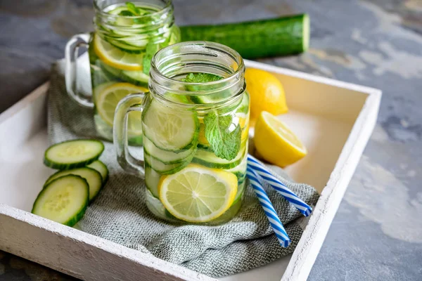 Healthy alkaline water with sliced cucumber, ginger, lemon and mint