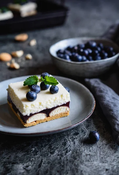 Delicious Cake Layer Sponge Biscuits Blueberry Jelly Whipped Cream — Stock Photo, Image