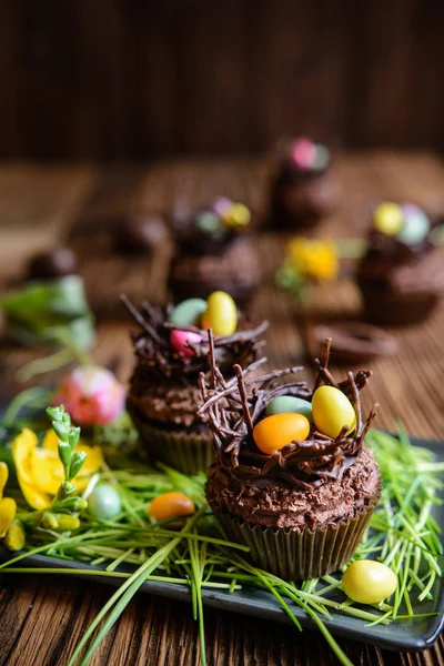 Magdalenas de nido de Pascua con crema batida de chocolate — Foto de Stock