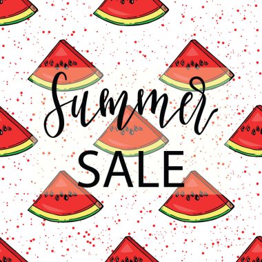 Dilimli karpuz ile yaz satış arka plan. Vektör çizim. Elle çizilmiş. 