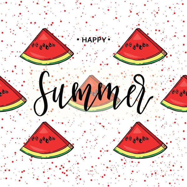 Happy Summer Inscription Background Watermelon Vector Illustration Hand Drawn — Stock Vector