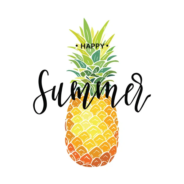 Fröhliche Sommer Inschrift Auf Dem Hintergrund Der Ananas Vektorillustration Handgezeichnet — Stockvektor