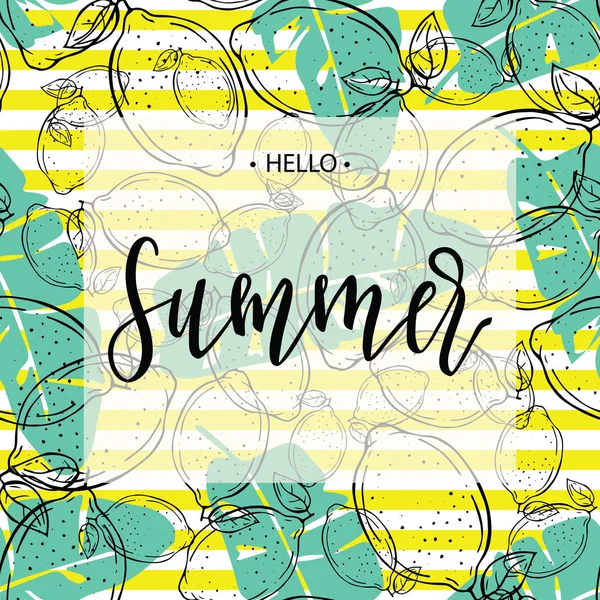 Γεια Σας Καλοκαίρι Επιγραφή Στο Παρασκήνιο Από Λεμόνια Και Φύλλα — Διανυσματικό Αρχείο